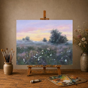 Landscape wildflower ORIGINAL painting Misty meadow vintage art Neutral flower field Farmhouse decor Cottage wall art framed Daisy field