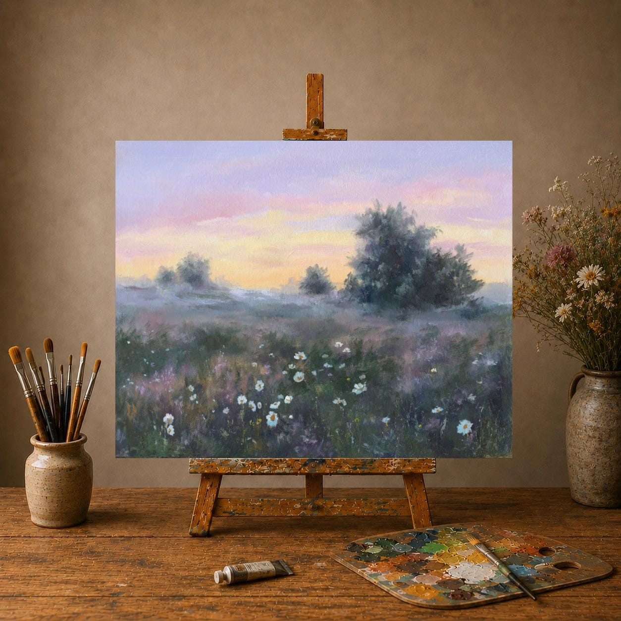 Landscape Wildflower ORIGINAL Painting Misty Meadow Vintage Art