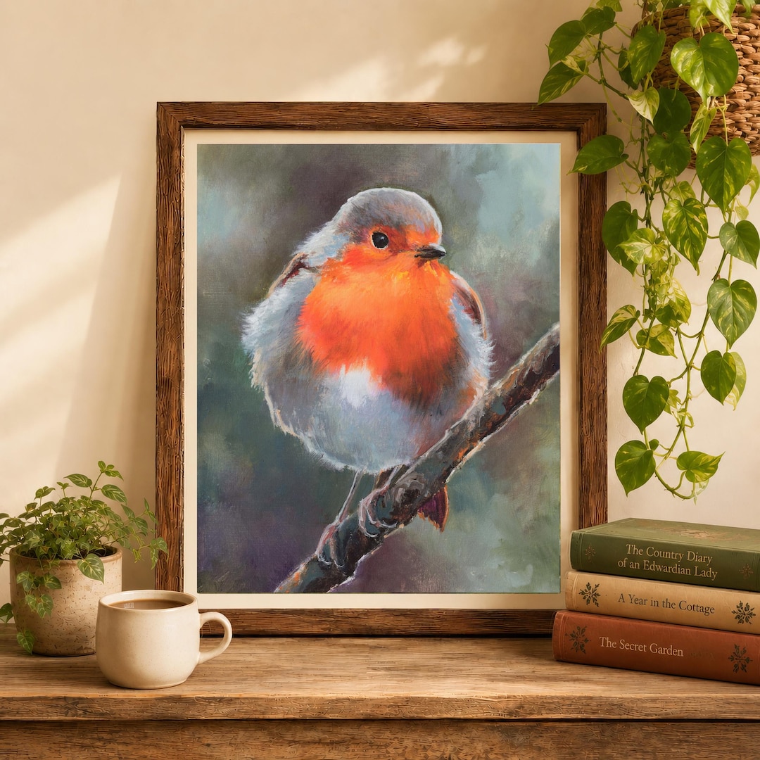 Red Robin Art PRINT, Small Robin Wall Art, Red Bird Nursery Print