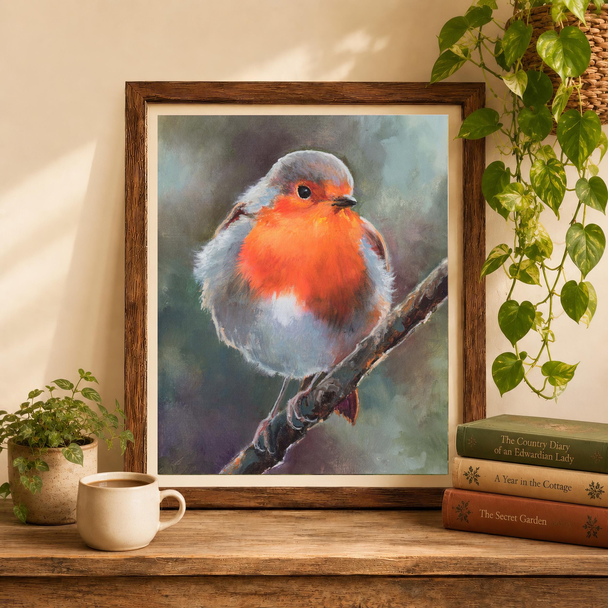 羅本製所 art work robin ポスター Red Robin Art PRINT, Small Robin Wall Art, Red Bird Nursery Print