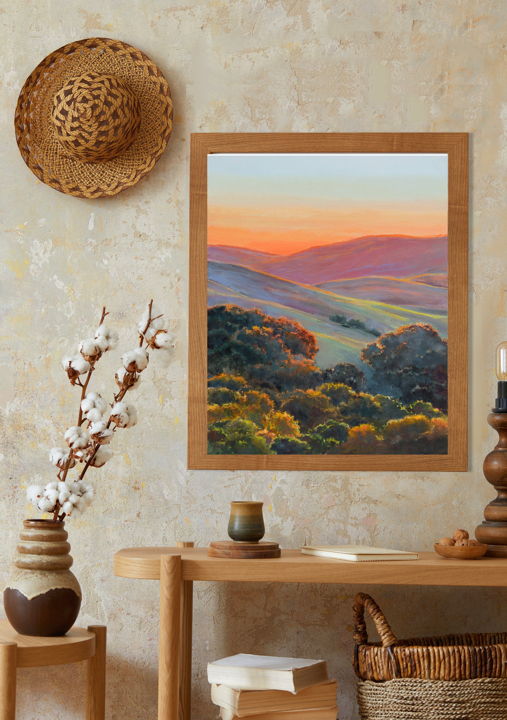 カリフォルニアの丘の絵画、夕日の風景油絵、カリフォルニアのオークの