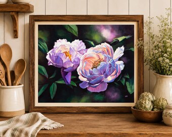 Impresión artística de peonías rosas y blancas, impresión artística de flores delicadas, rosas para pintar sobre la cama, decoración de bodegones de cabaña, regalo de cumpleaños para mamá