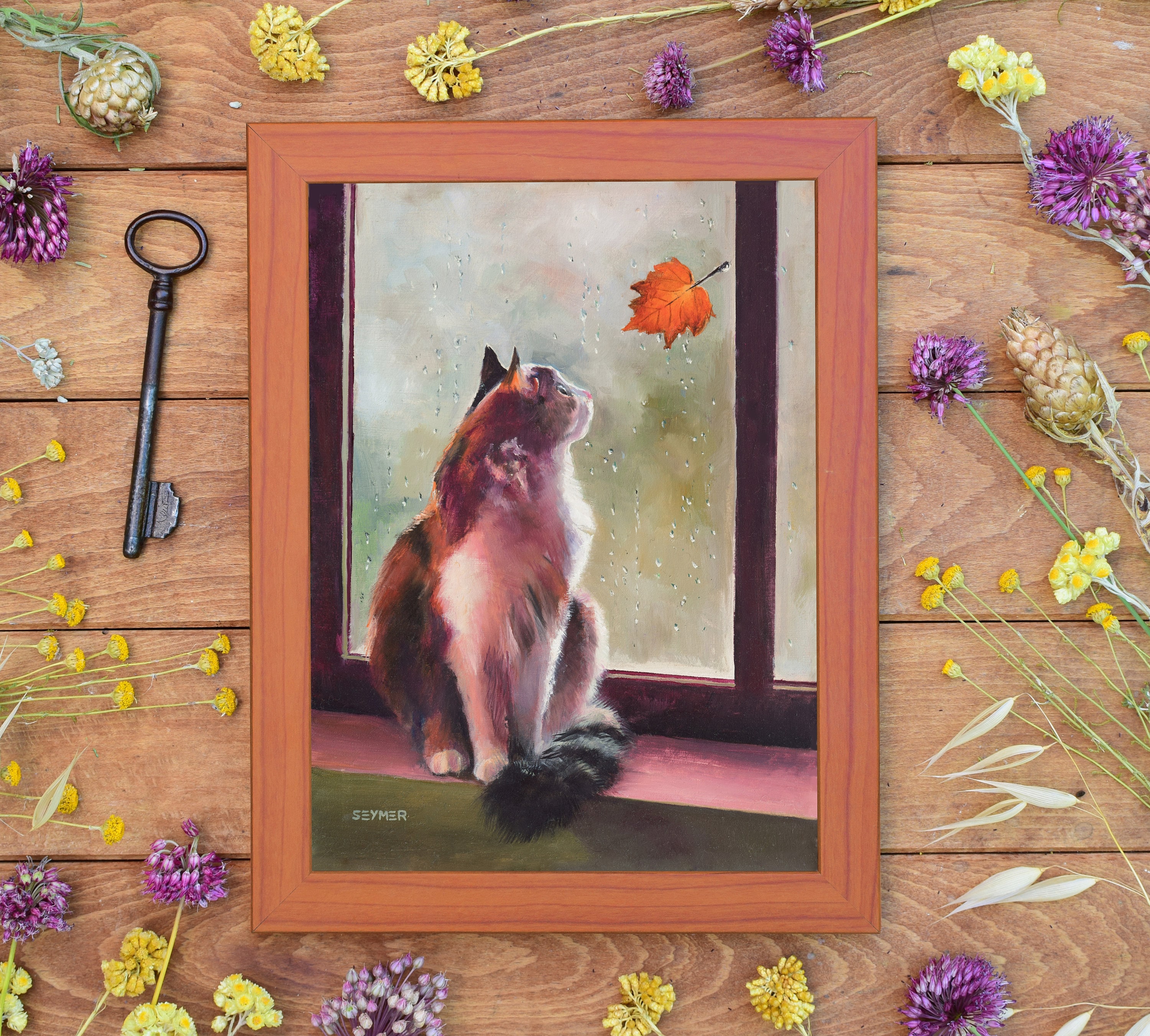 猫の肖像画、オリジナル油絵、素朴なコーナー装飾のための窓辺の猫の絵