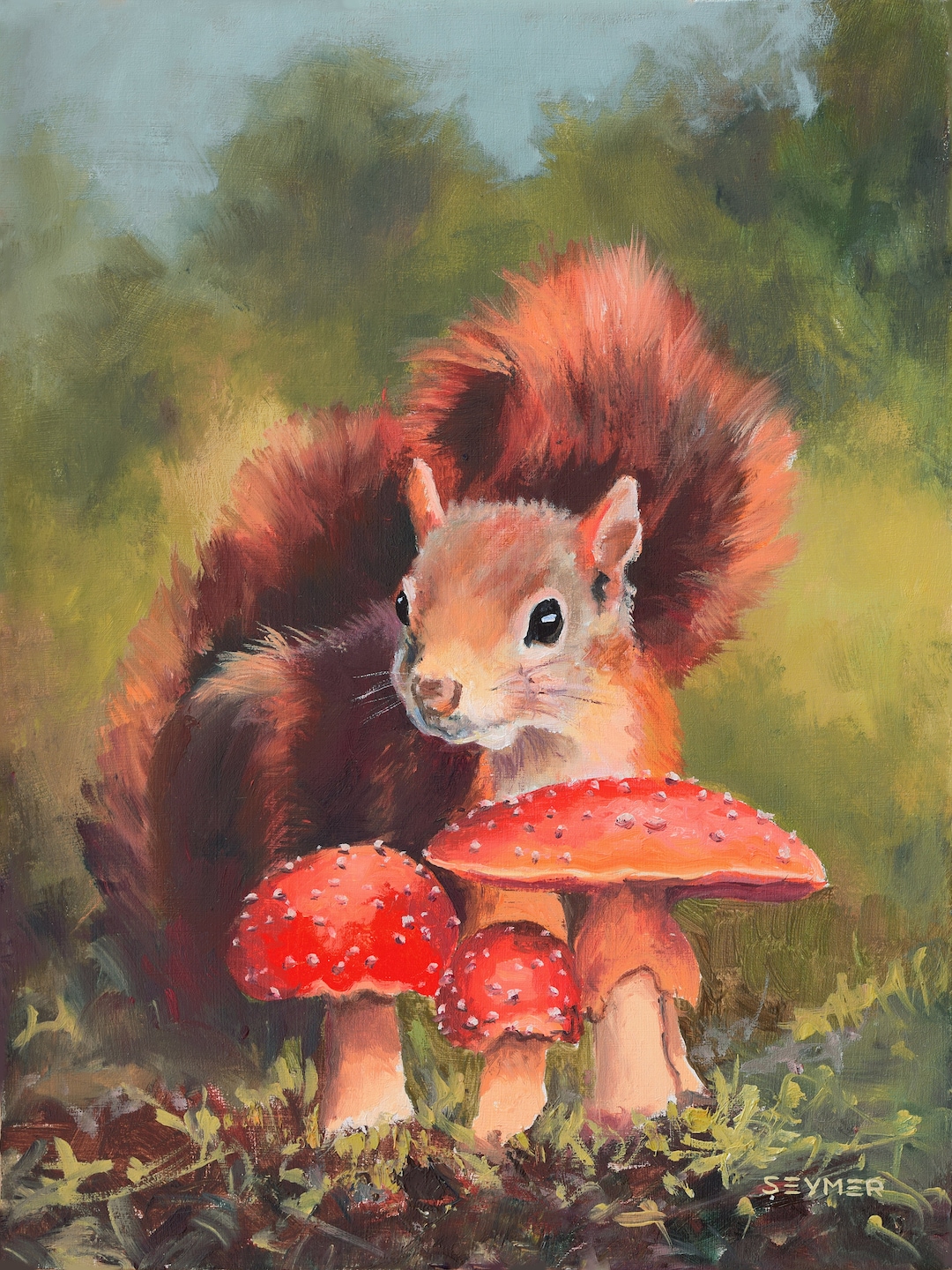 コテージコア風寝室のリスの絵画、秋の絵画、野生動物の油絵、秋の額