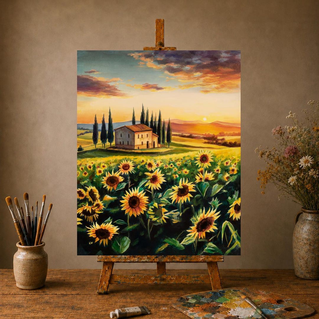 油絵 絵画 【sunflower】 ORIGINAL sunflowers landscape oil painting, Tuscany fields artwork