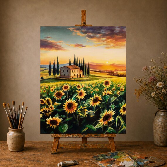 ORIGINAL sunflowers landscape oil painting, Tuscany fields artwork