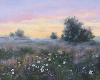 Landscape wildflower ORIGINAL painting Misty meadow vintage art Neutral flower field Farmhouse decor Cottage wall art framed Daisy field