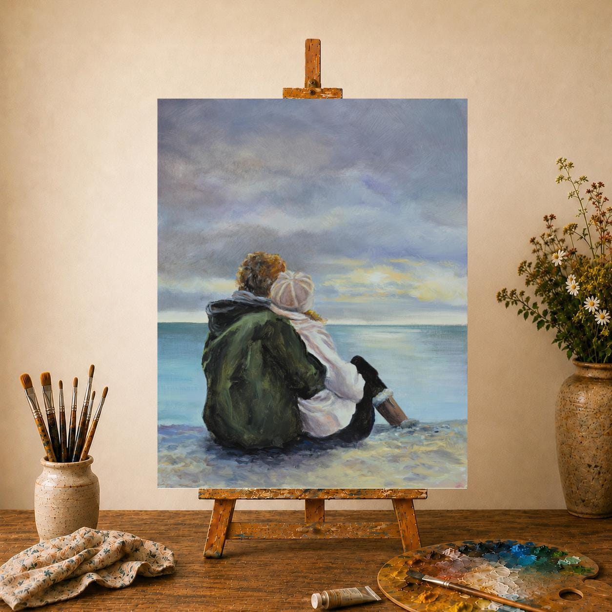 オリジナル油絵、抱き合うカップルのビーチ風景、ロマンチックな愛の