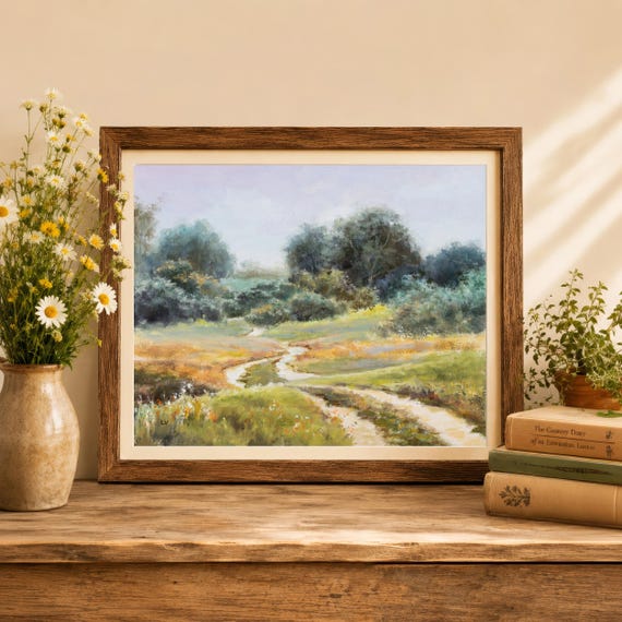 Peaceful Rural Road Painting PRINT, Meadow Countryside Scene, Soft