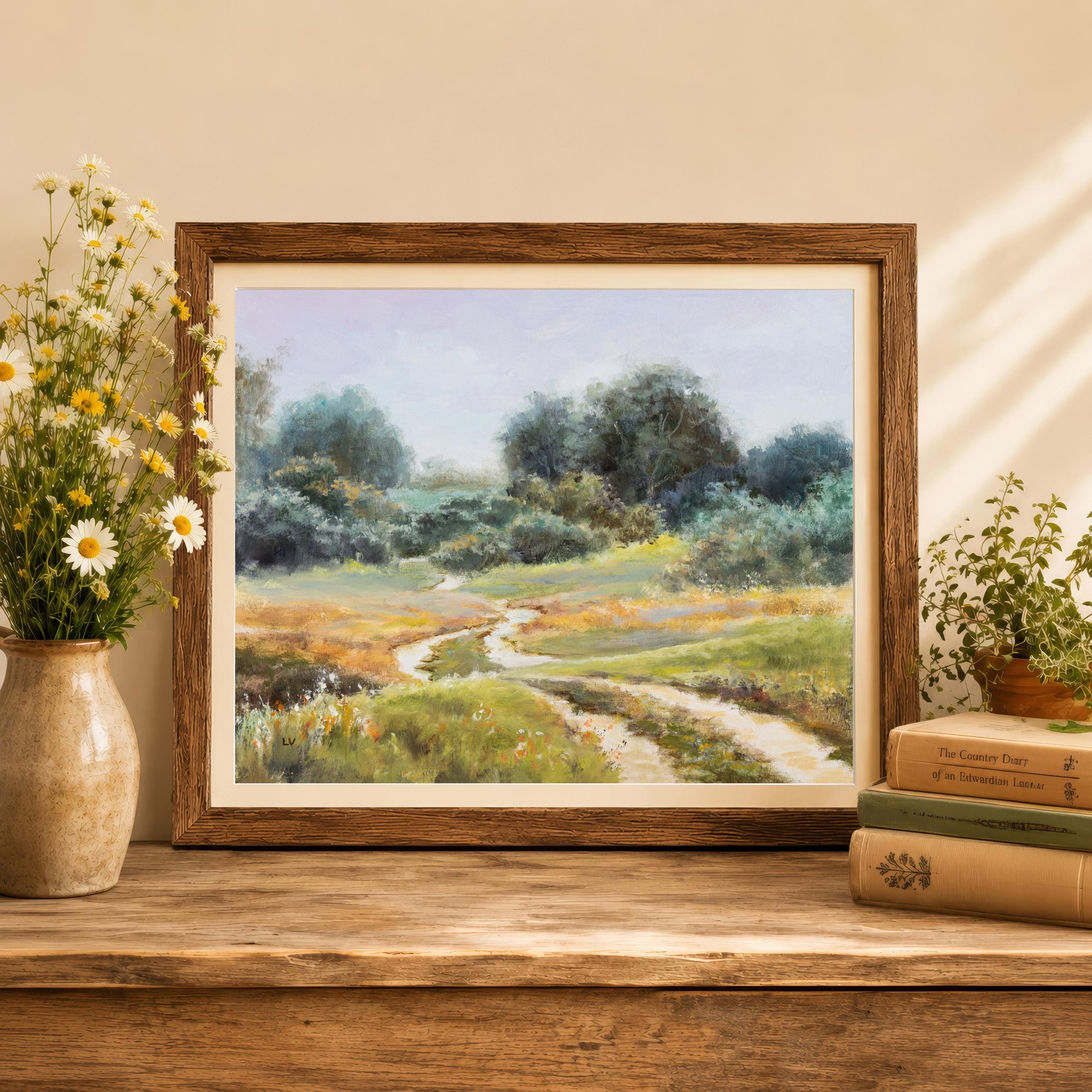 Abundant Countryside 拡張アート 4枚セット Peaceful Rural Road Painting PRINT, Meadow Countryside Scene, Soft