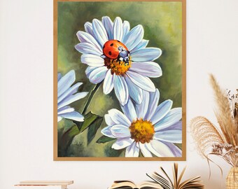 オリジナルのてんとう虫の絵画、てんとう虫の油絵、額装されたデイジー