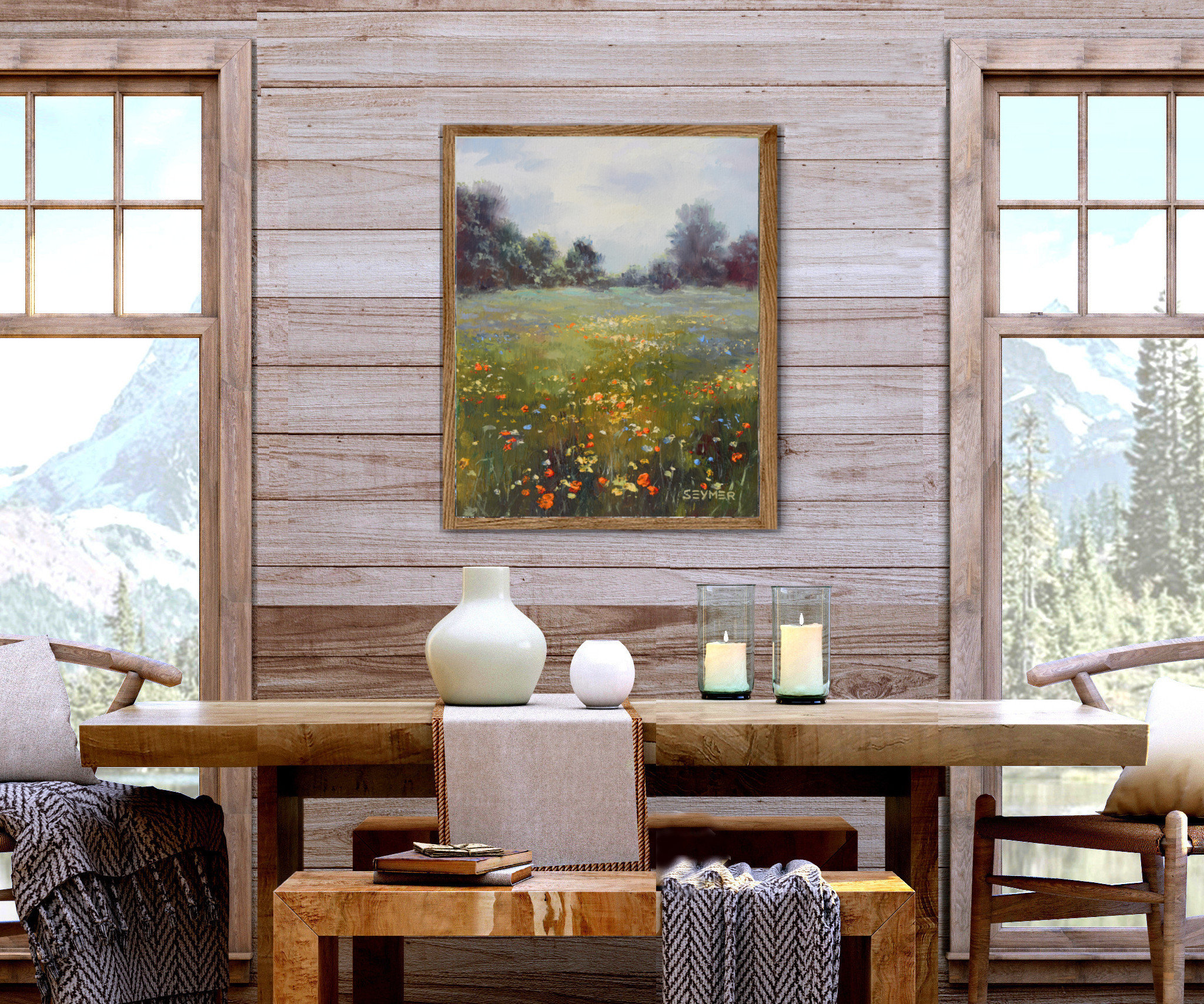 野花の風景画、花のあるフィールドのアート、農家の壁の装飾のための