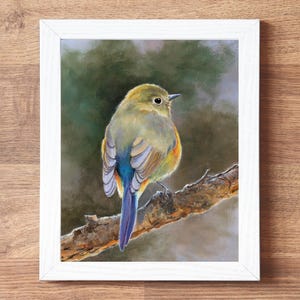 May include: A framed painting of a small bird with olive-green, yellow, and blue feathers perched on a textured brown tree branch. The bird is shown from behind, looking to the right, set against a soft, blurred, dark green and grey background.