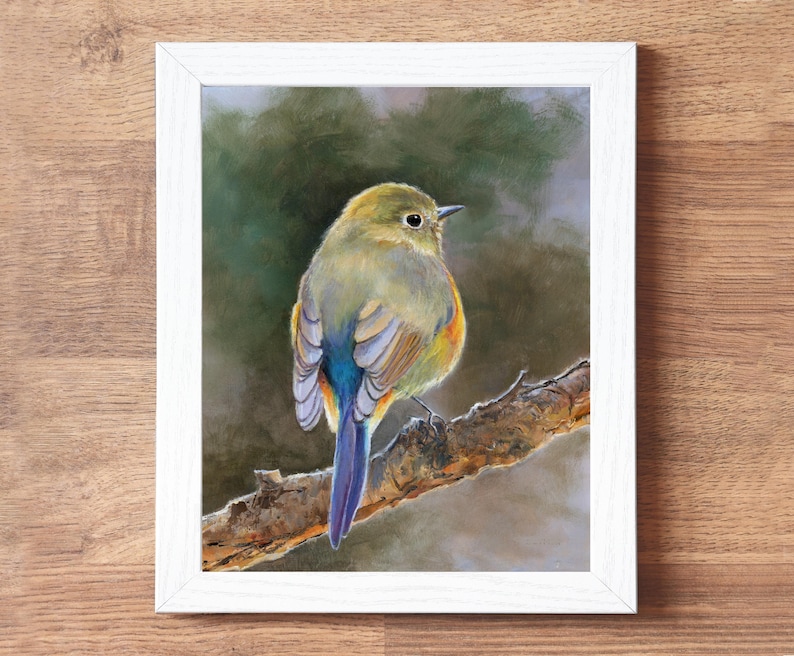 May include: A framed painting of a small bird with olive-green, yellow, and blue feathers perched on a textured brown tree branch. The bird is shown from behind, looking to the right, set against a soft, blurred, dark green and grey background.