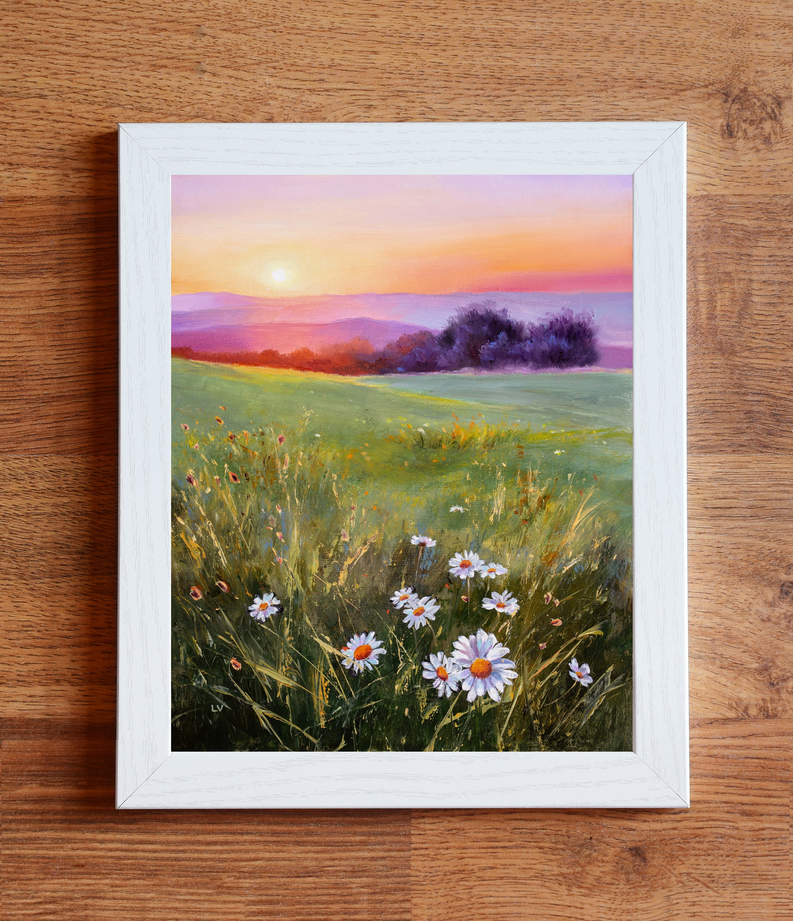 野の花のオリジナル絵画、草原のデイジーの風景、夕焼けの野の花の