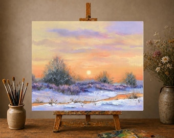 Original Oil Painting, Moody Winter Landscape, Snowy River Sunrise, Soft Tones Snowscape