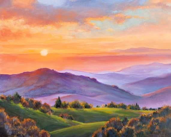 Colorful Landscape ORIGINAL Painting, Green Grassy Hills Sunshine