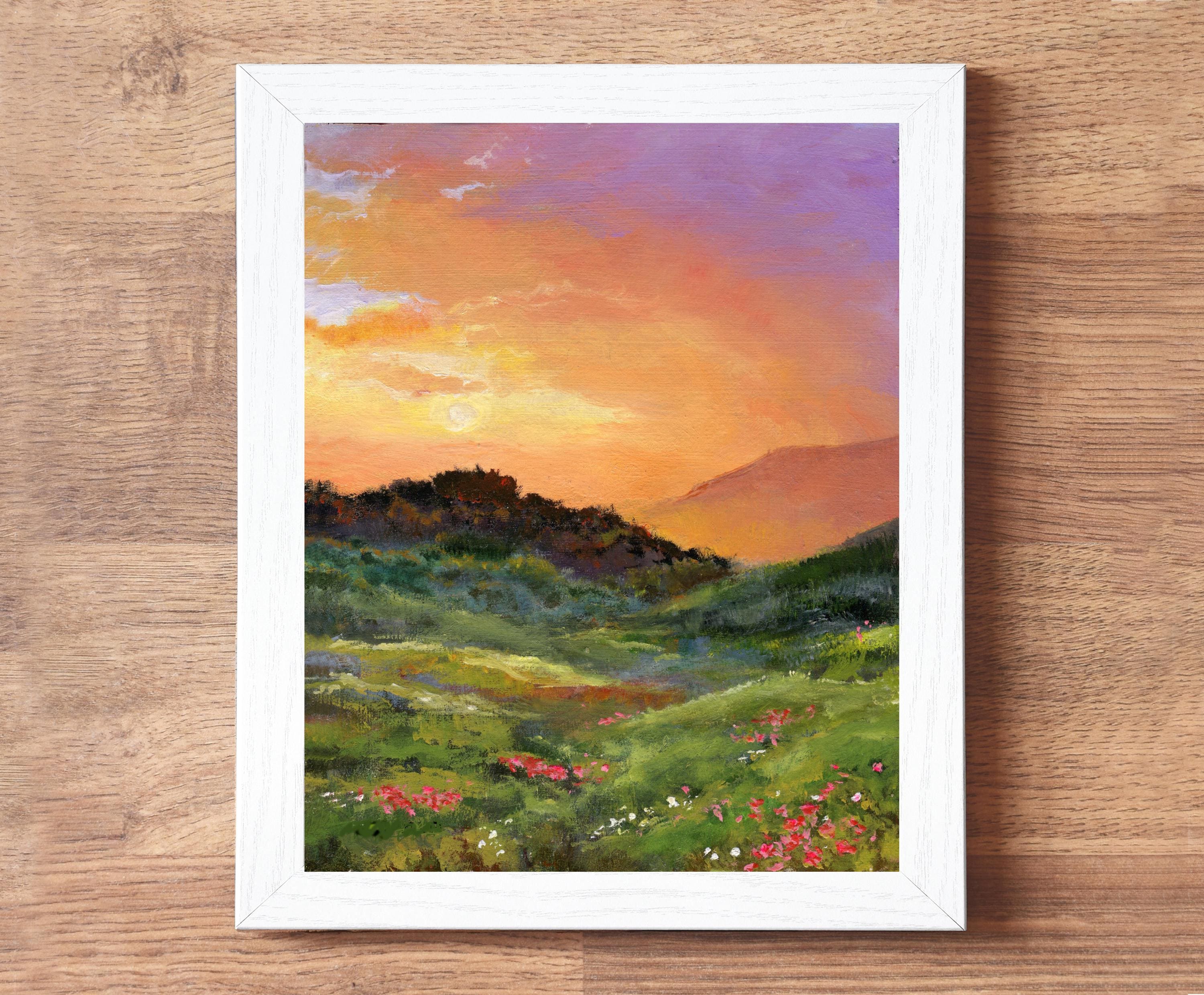 夕日の風景油絵オリジナル、額装された田園風景画、モダンな農家風絵画