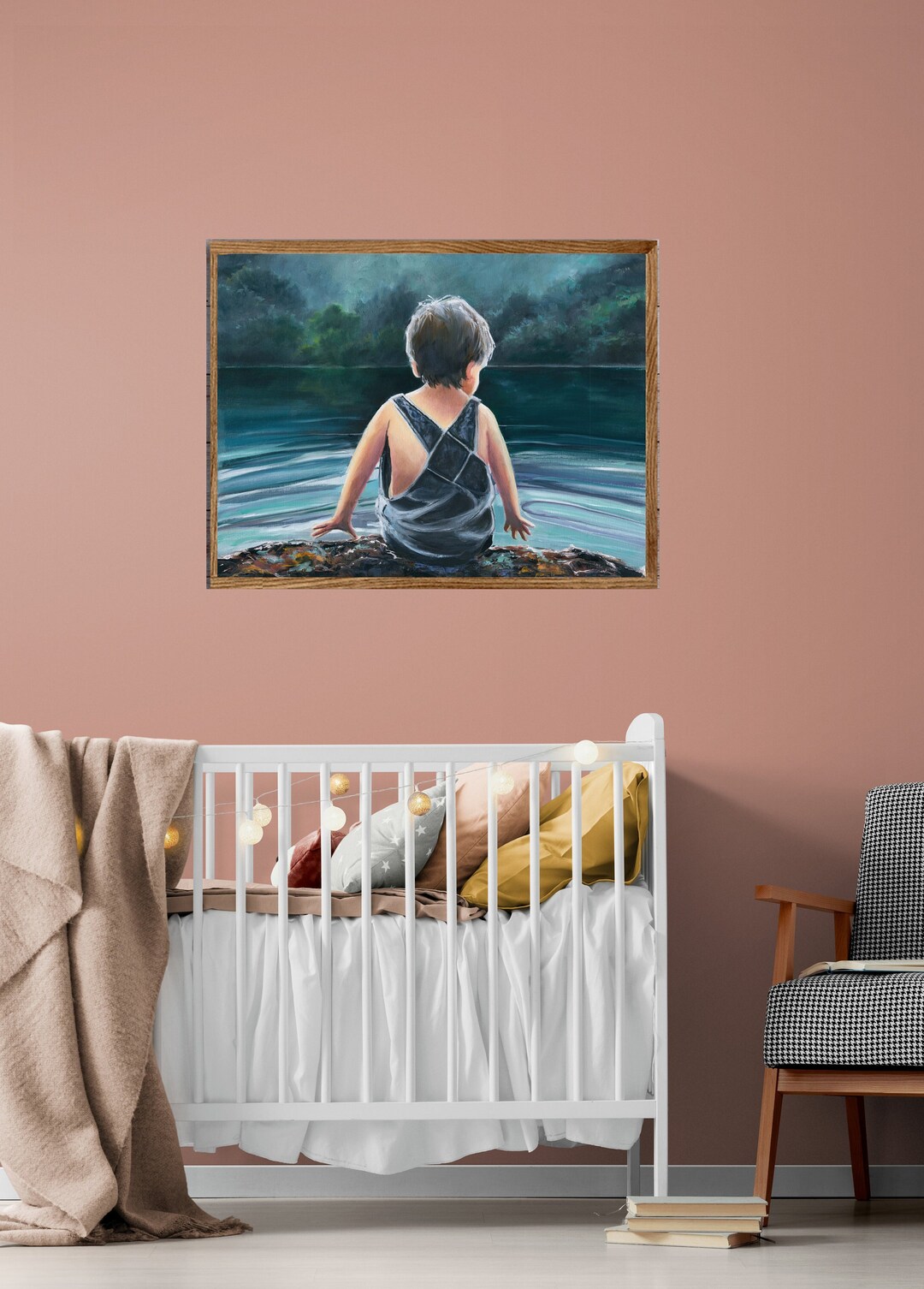 Little Boy Art PRINT, Realistic Children Lake Scene Painting, Calm