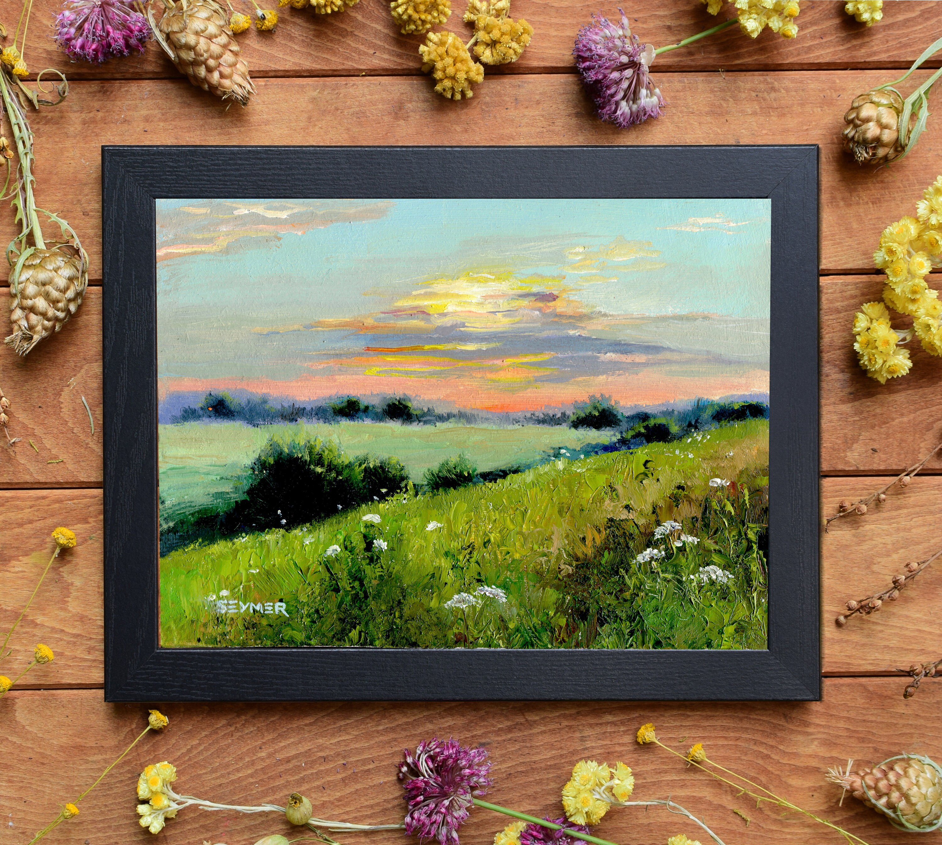 オリジナルのトスカーナ風景画、夏の草原の油絵、野の花のアートワーク
