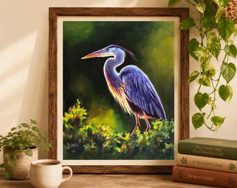 Grote blauwe reiger schilderij PRINT, wetland waadvogel kunst aan de muur, Everglades schilderij, moerasdier, moeras kunstprint, Lake House Bird decor