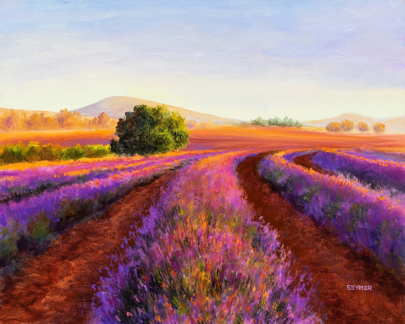 May include: A painting of a lavender field with a dirt path winding through it. The field is in the foreground, and there are hills in the background. The sky is a light blue, and the sun is setting.