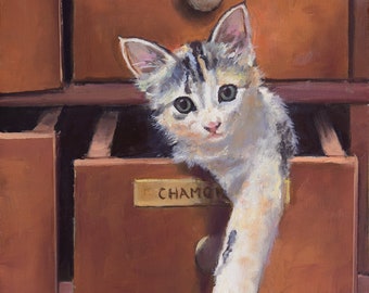 子猫のキャンバスに描かれた美しいヴィンテージ油絵、猫の絵画、子猫の