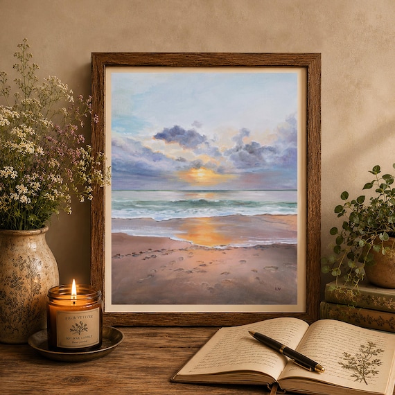 Calm seashore painting PRINT, Soft colors beautiful sunrise artwork, Waves seascape poster, Torn clouds sky art, Beach house wall art gift