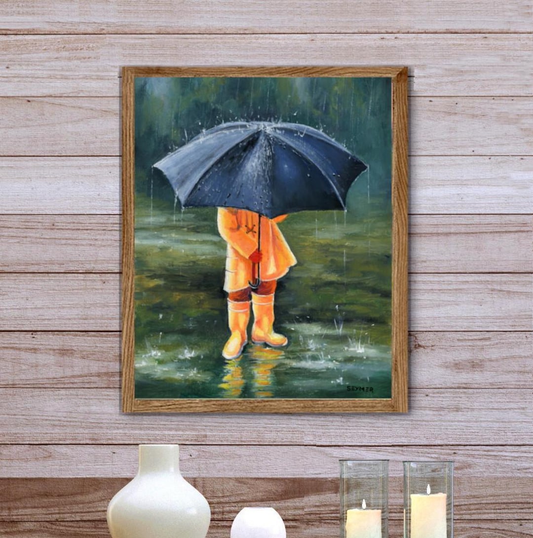 油絵 絵 絵画 インテリア F4-040314 人物 可愛い子供たち 雨上がり 子供用傘プリント、雨の日のアートワーク、具象芸術、子供の油絵、雨の