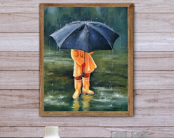 子供用傘プリント、雨の日のアートワーク、具象芸術、子供の油絵、雨の