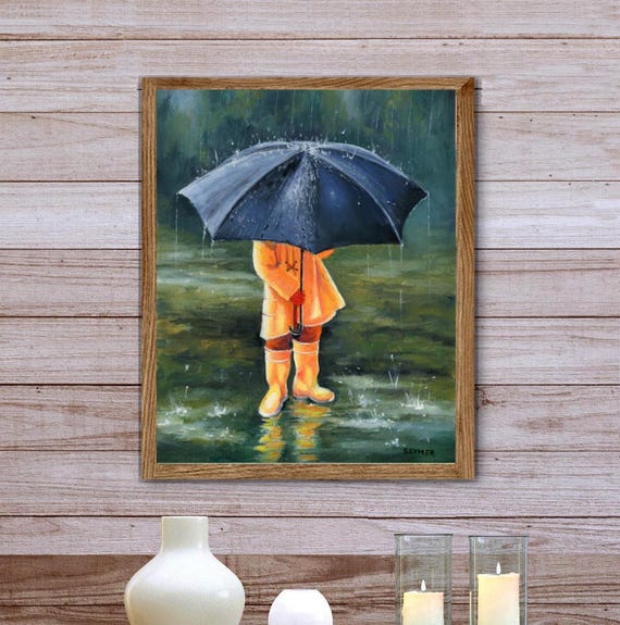 子供用傘プリント、雨の日のアートワーク、具象芸術、子供の油絵、雨の