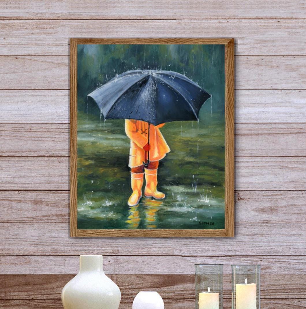子供用傘プリント、雨の日のアートワーク、具象芸術、子供の油絵、雨の