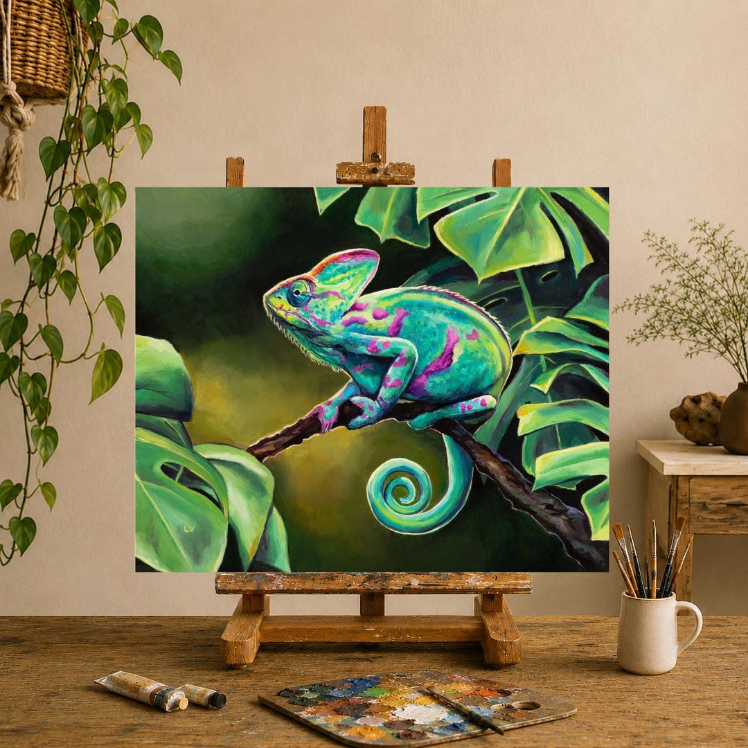Chameleon painting ORIGINAL, Realistic exotic wildlife oil