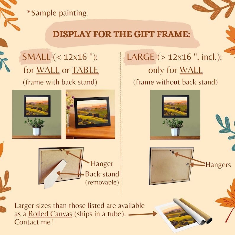 May include: An informational graphic titled DISPLAY FOR THE GIFT FRAME showing two frame options. Small frames under 12x16 inches include a removable back stand for wall or table display. Large frames 12x16 inches and up feature wall hangers only.