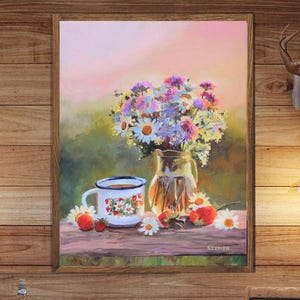 Pink flower vase still life art PRINT, Flowers and fruits artwork, Country floral still life art, Vase with flowers, English kitchen decor