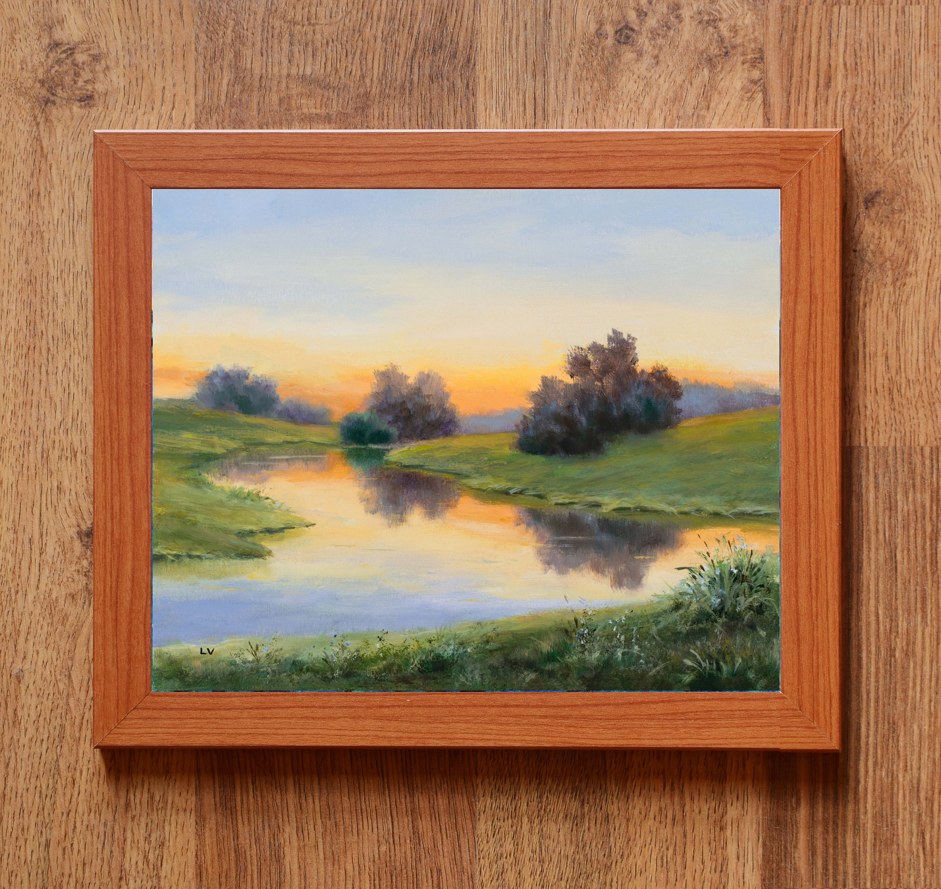 Sunrise River Painting ORIGINAL, Landscape Water Reflections