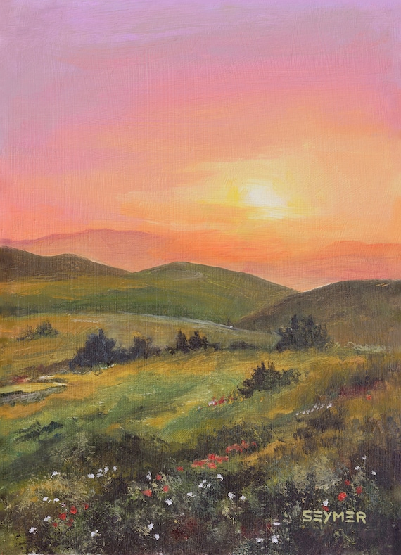 田園風景のオリジナル絵画、日の出の風景画、山間の谷の油絵、夕暮れの