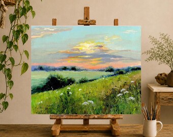 オリジナルのトスカーナ風景画、夏の草原の油絵、野の花のアート作品