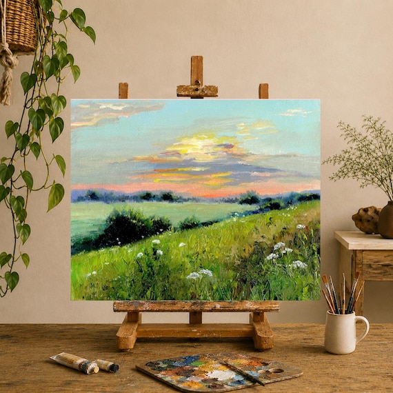 オリジナルのトスカーナ風景画、夏の草原の油絵、野の花のアート作品