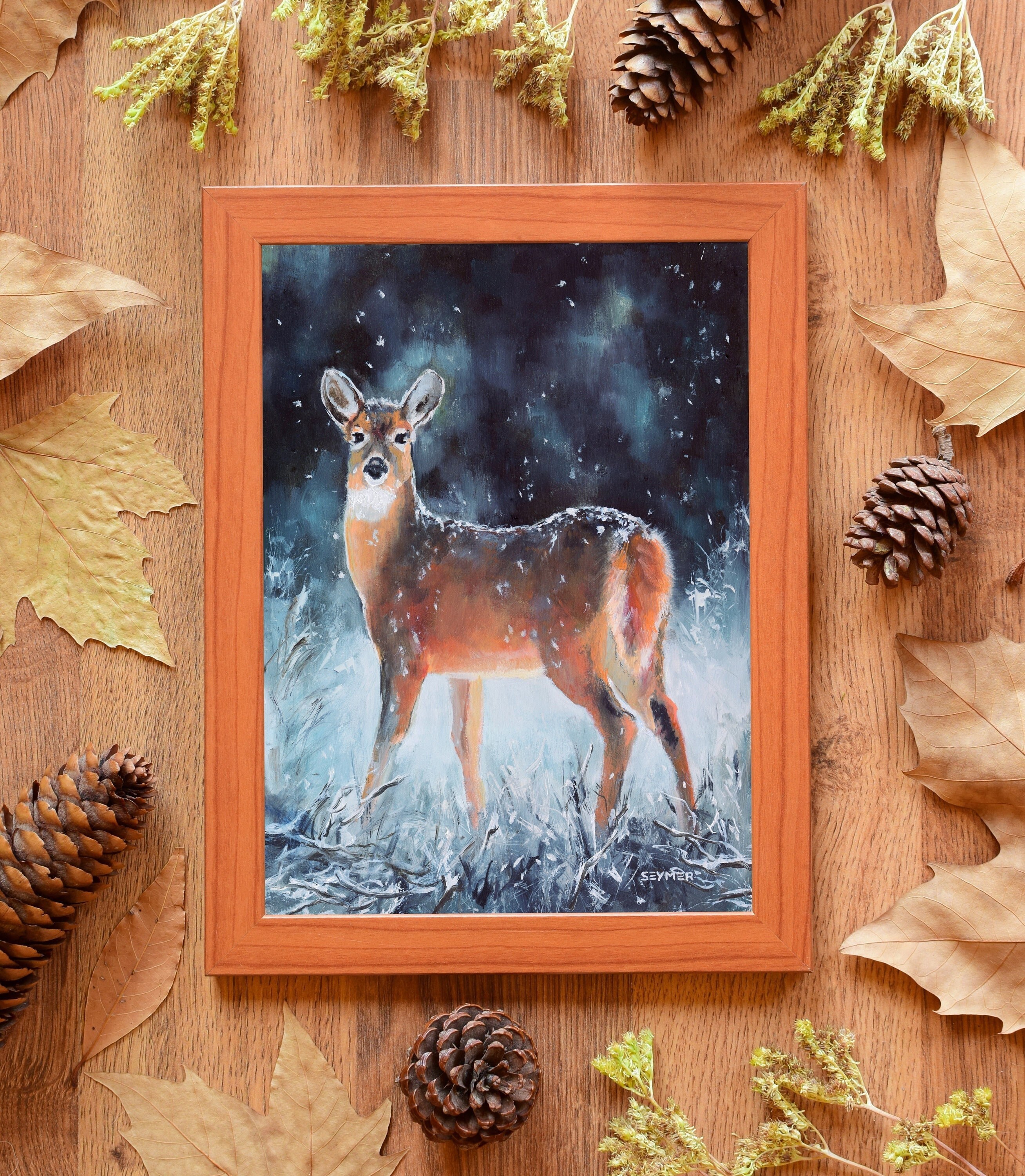 森の動物の油絵オリジナル、雪景色の鹿の絵、湖畔のアートハウスの装飾