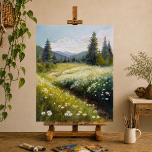 Foresta di pini, dipinto a olio ORIGINALE, monte Rainier, Washington, paesaggio, prato di margherite bianche, abeti, margherite selvatiche, foresta, montagne