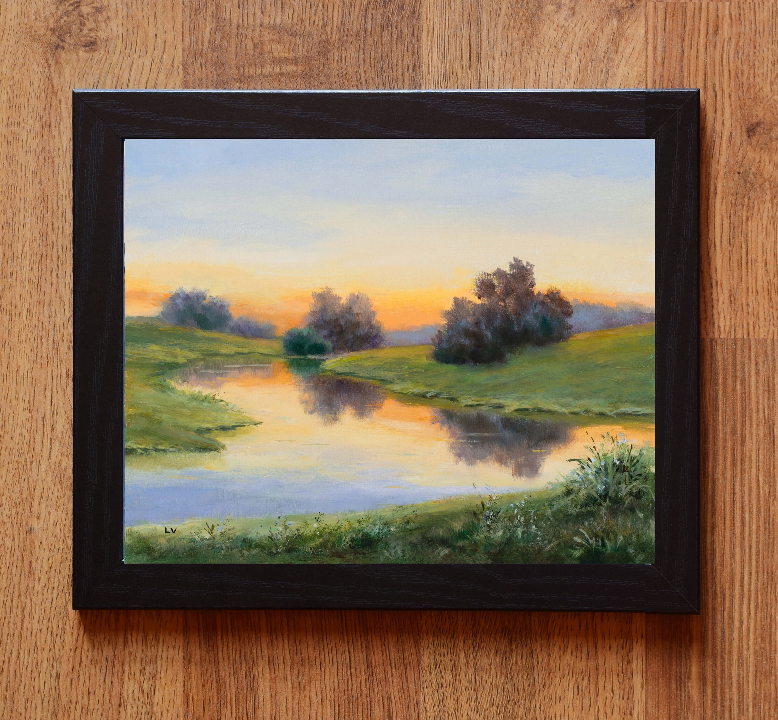 Sunrise River Painting ORIGINAL, Landscape Water Reflections