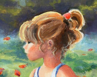 小さな女の子の絵 プリント 子供の油絵 野原の少女 小さな女の子の田舎