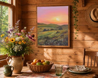 田園風景のオリジナル絵画、日の出の風景画、山間の谷の油絵、夕暮れの