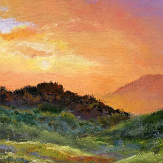 夕日の風景油絵オリジナル、額装された田園風景画、モダンな農家風絵画