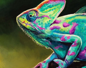 グリーンカメレオンアートプリント、爬虫類の油絵、熱帯動物のアート