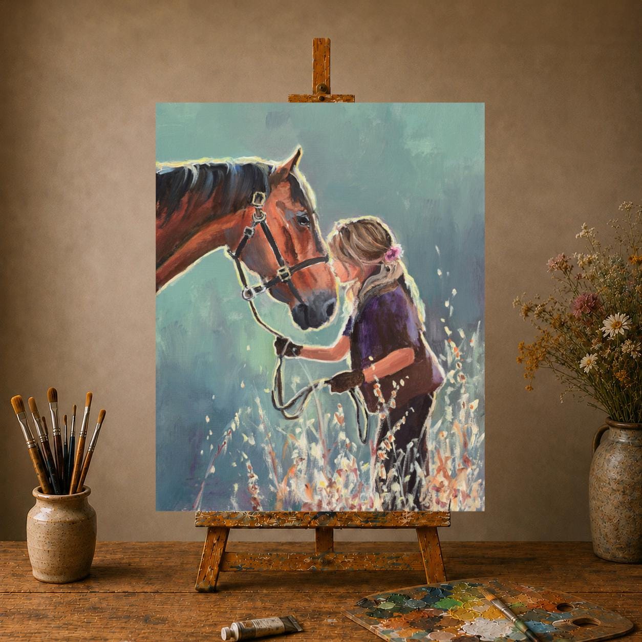 少女と馬の絵画オリジナル、カウボーイの馬のアート作品、南西部の装飾