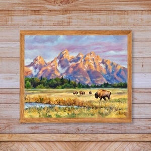 Grand Teton National Park Bisons DRUCK, Verschneite felsige Berge Ölgemälde, Bergsee Landschaft, Ranch Wandkunst, Wandergeschenk