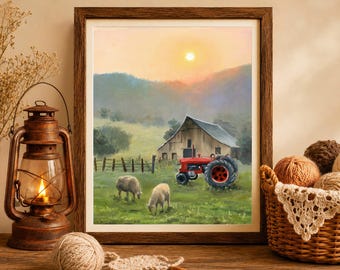American farm art PRINT, Folk art rural life painting, Country farmhouse artwork, Tractor painting, Old barn farm scene wall art, Farm life