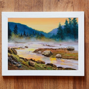 Original river painting, Madison river art, Yellowstone national park wall art, Rustic country art, Cabin decor, Montana landscape artwork White frame